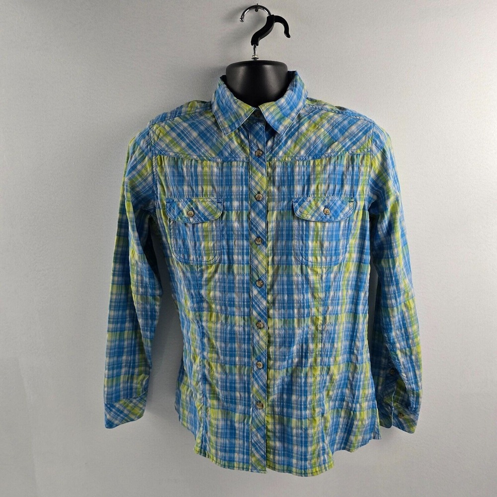 Cabelas XPG No fly zone womens long sleeve button down shirt blue yellow plaid M